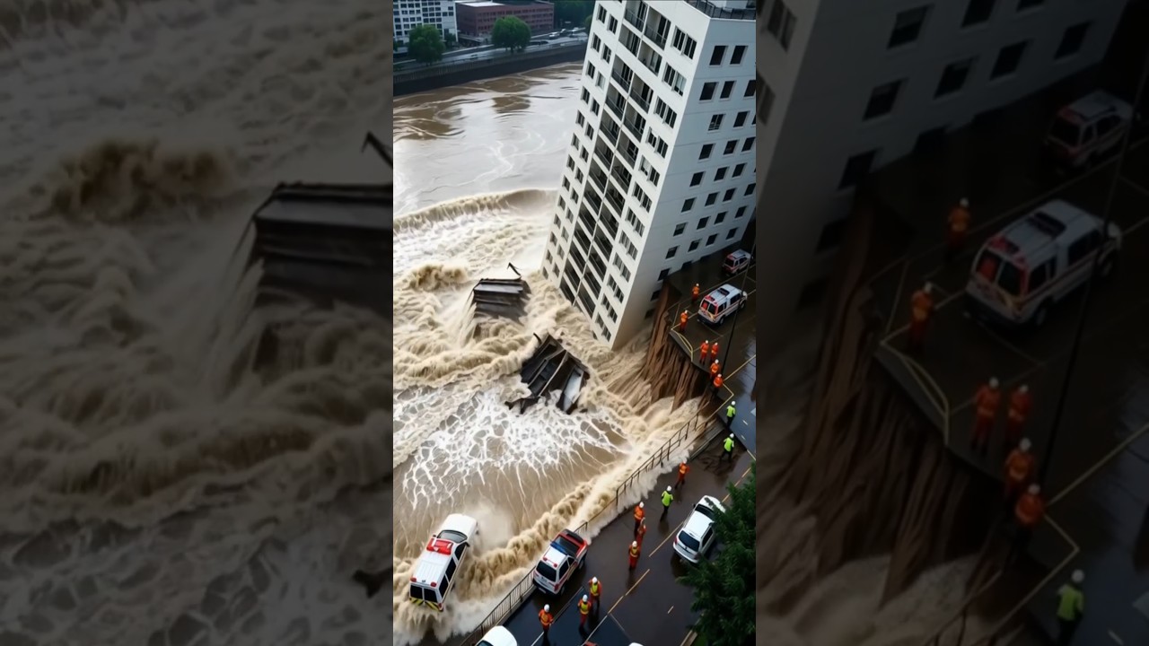 big building dropped IN Flood water 