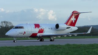 Swiss Air Ambulance CL650 HB-JWC Take Off at Cambridge Airport