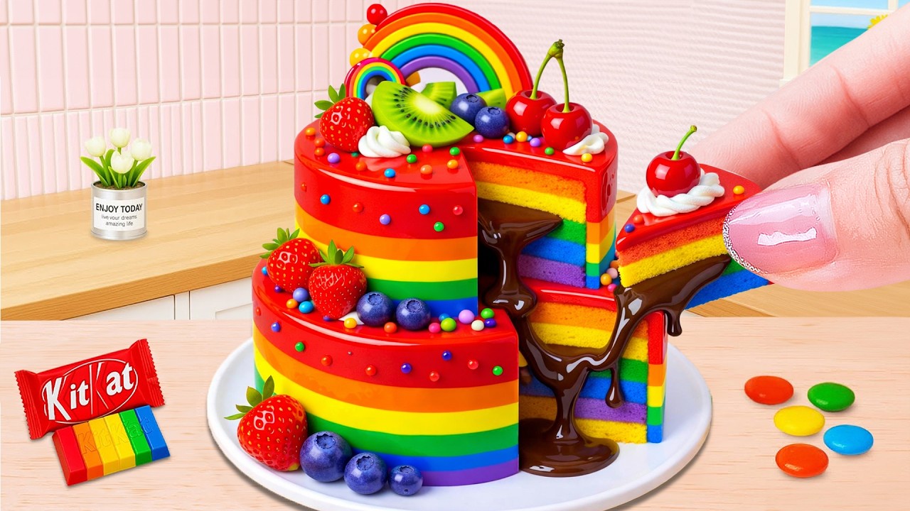 Fresh Fruit Rainbow Cake with Molten Chocolate 🌈🍉 Sweetest Miniature Cake Ever Made 💗The Cake Corner