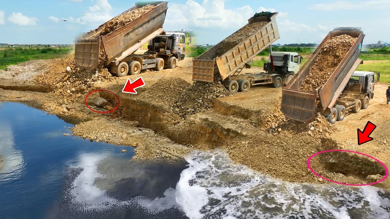 Incredible, Landslide NEW Happened NEW Road Repair BY KOMATSU D60P Pushing Rock &25.5T Truck Dumping