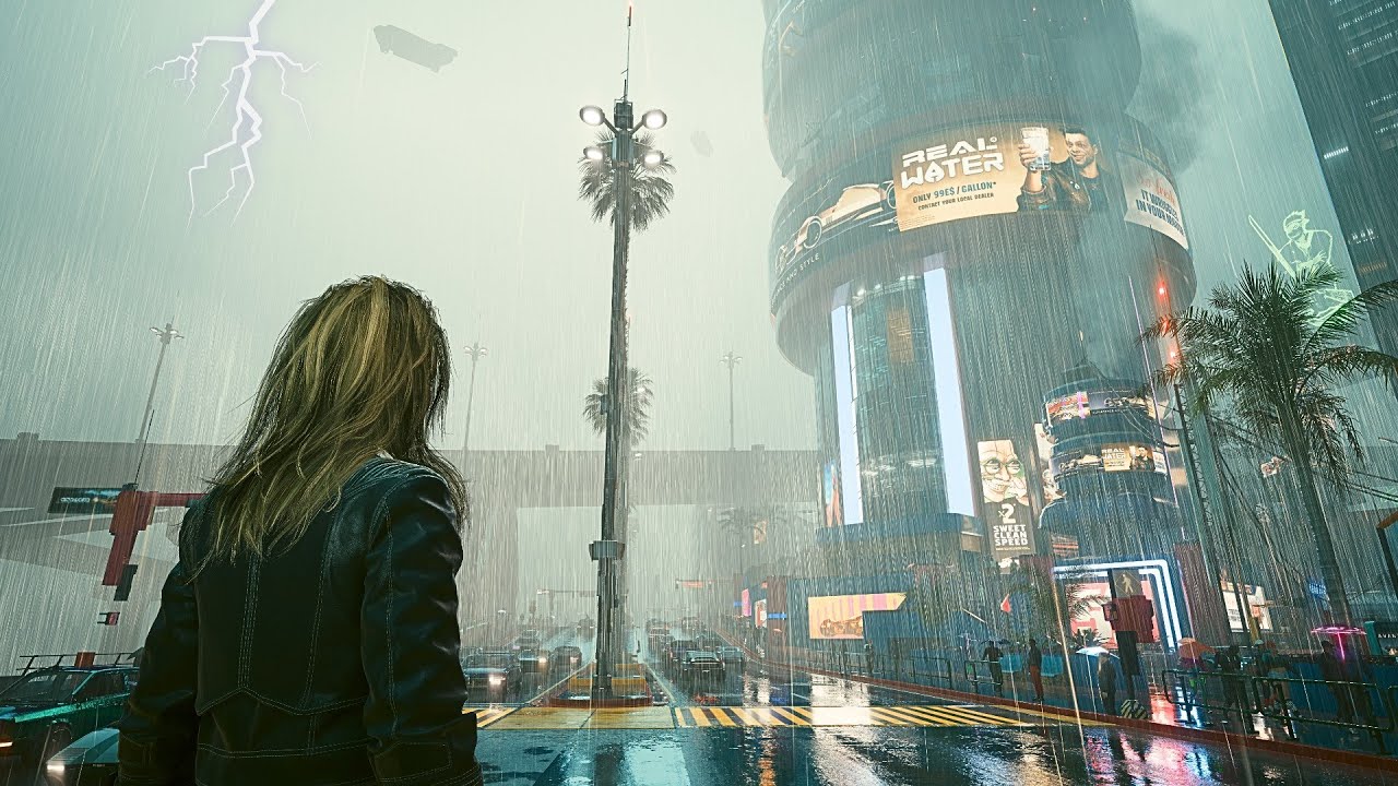 [4K] Cyberpunk 2077 ⛈️ 3-Hour Relaxing Thunderstorm Walk