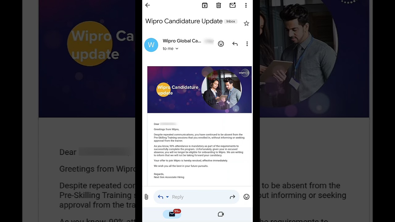 Pre-skilling training Not Attended?Wipro Send Rejection Mail Straight Away MoreThan 2Days Absent?