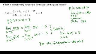 Calculus I: Continuity at a point of a piece-wise function example 2