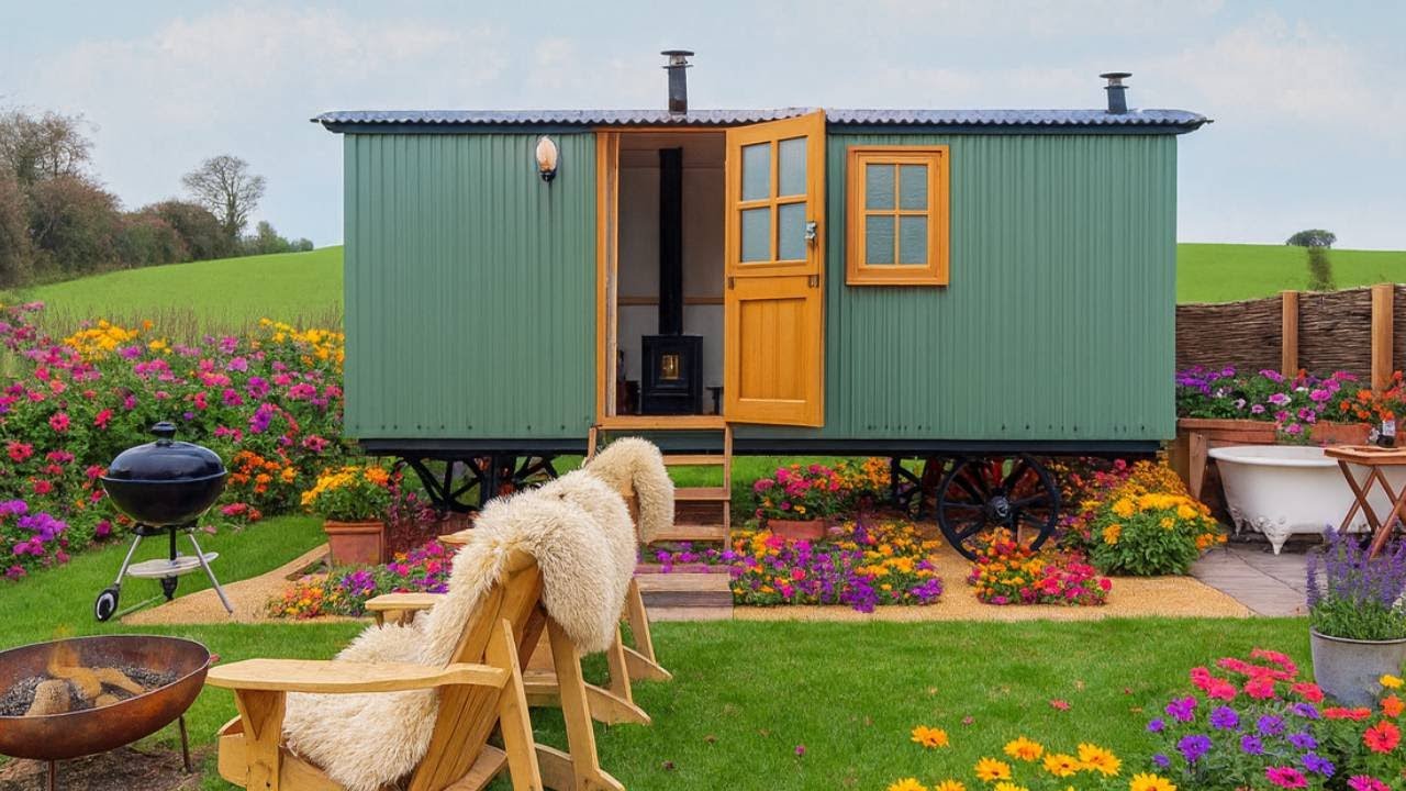 Shepherd’s Hut Tiny Home Tour | Outdoor Soaking Tub & Meadow Views | Living Design Tiny House