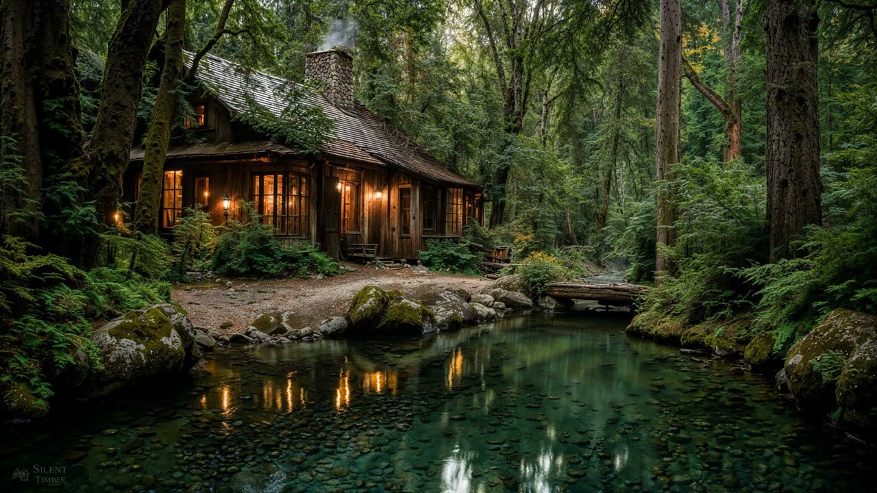 Cabin in the Forest with Distant Thunder, Creek, Crickets, and Wind Sounds | Silent Timber | 4K