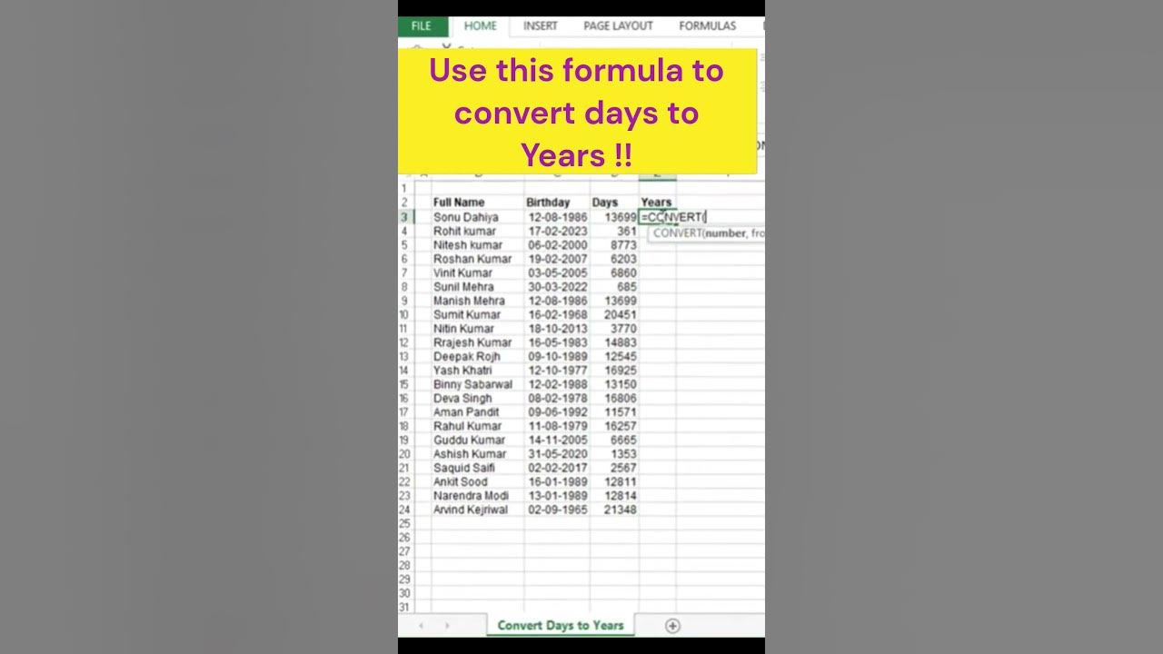convert-date-to-days-years-trending-excel-exceltips-shorts