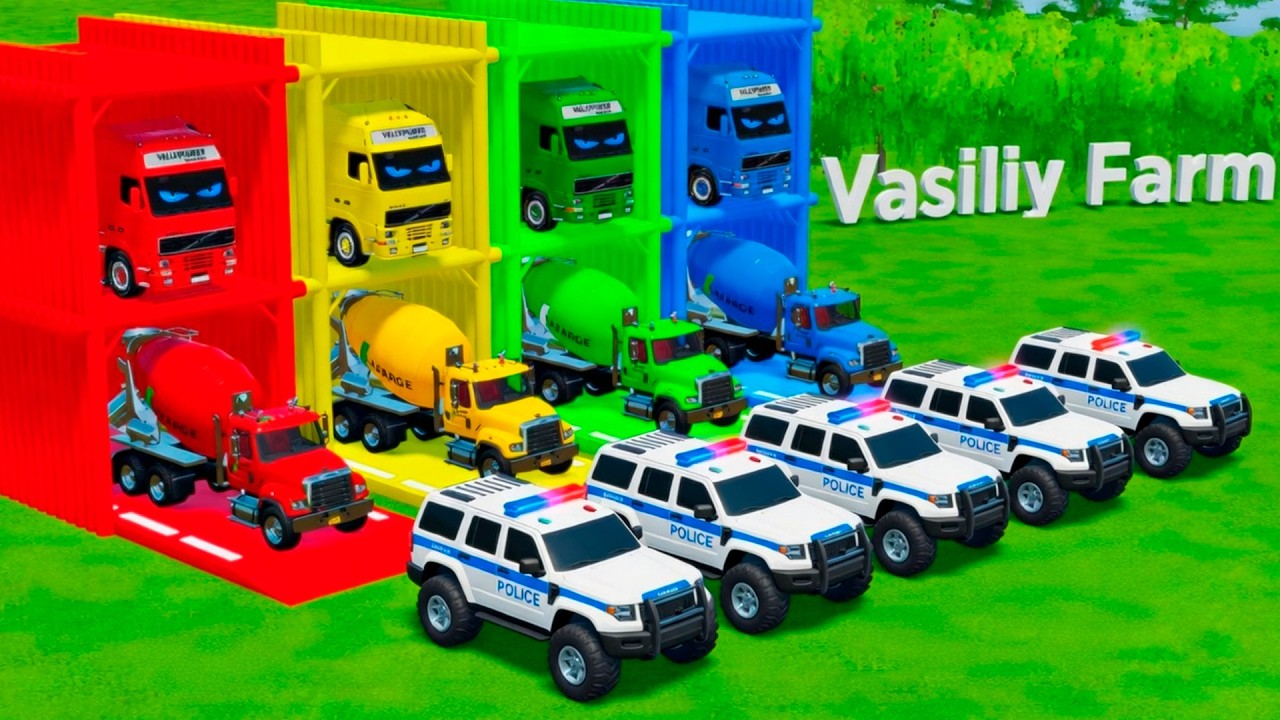 Garage with Colors - ALL MIXER TRUCK WITH DOUBLE FLATBED TRAILER TRUCK, VOLVO, LIZARD, MAN - FS22