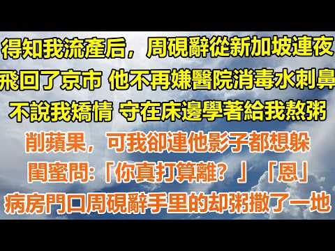 （完結爽文）得知我流產后，周硯辭從新加坡連夜飛回了京市。他不再嫌醫院消毒水刺鼻，不說我矯情。守在床邊學著給我熬粥削蘋果，可我卻連他影子都想躲。閨蜜問:「你真打算離？」「恩」病房門口周硯辭手里的粥撒一地