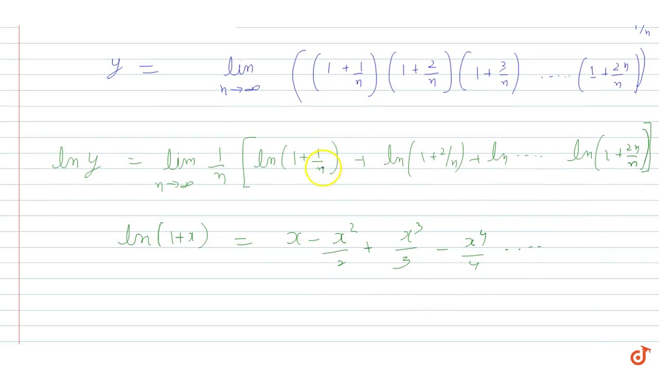 `lim_(n- gtoo)(((n 1)(n 2)...3n)/(n^(2n)))^(1/n)` is... - youtube