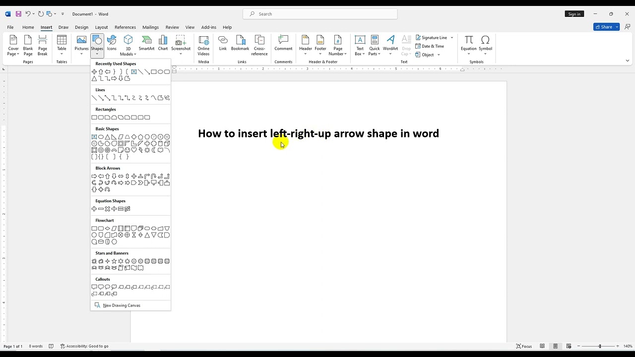 How to insert left right up arrow shape in word