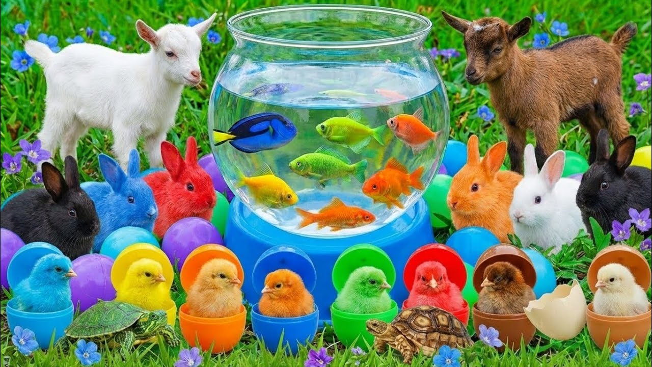 Little fish colourful and rabbits different colour and mini chicks video animation 🐬🦆🦜🐥🐇🦌