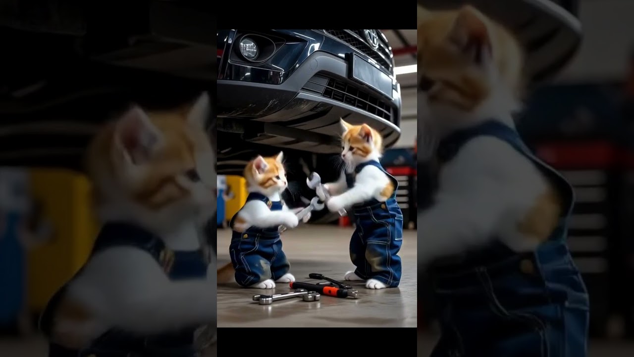 Cats are repairing a jeep   