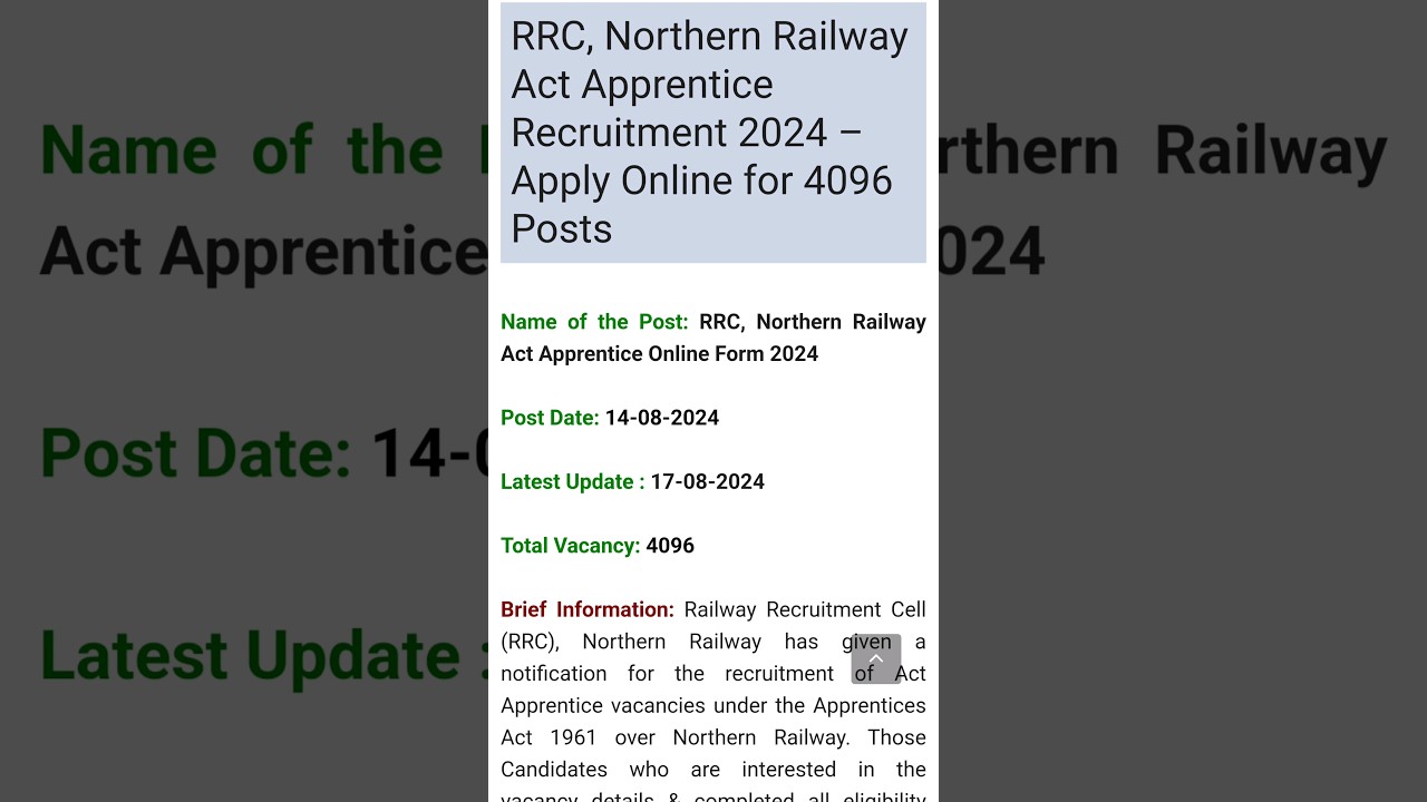 RRC, Northern Railway Act Apprentice Recruitment 2024 - Apply Online for 4096 Posts
