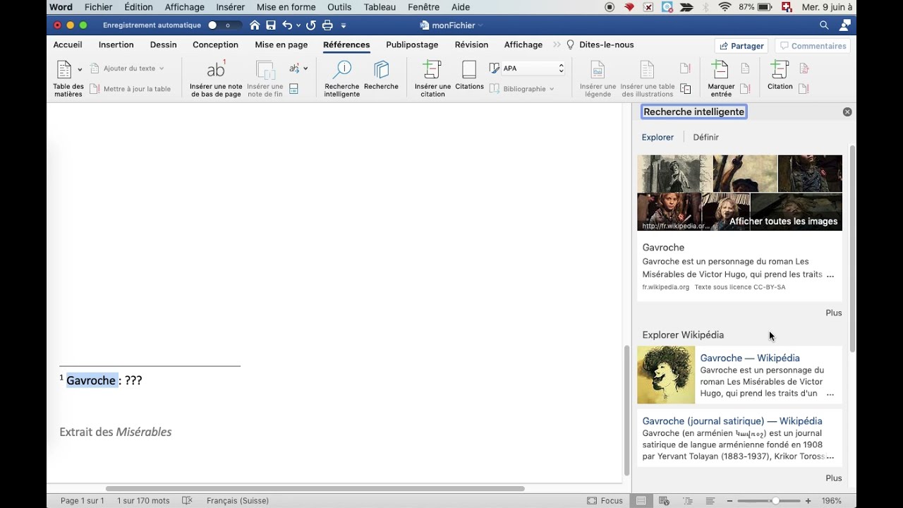 Création de notes de bas de page et d'une recherche sur Internet avec Word.