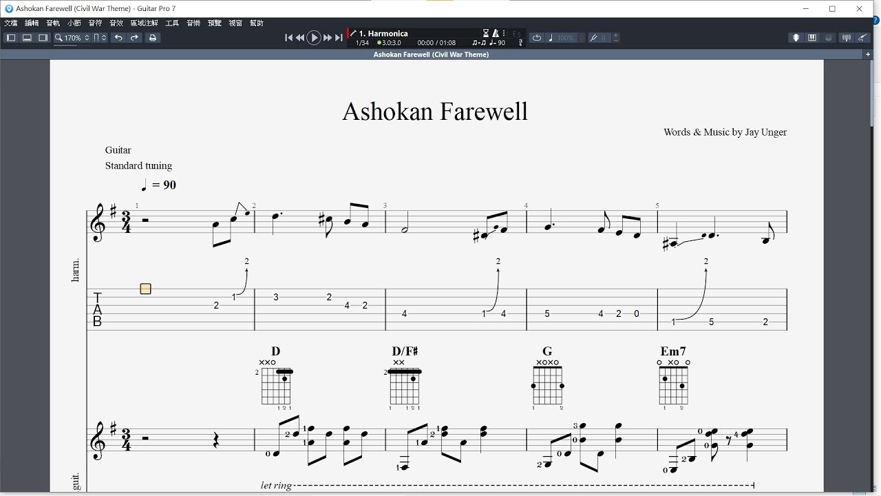 吉他譜_Ashokan Farewell Civil War Theme Guitar Pro 7 YouTube