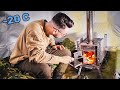 Solo camping  cozy winter night in a hot tent with a stove  asmr