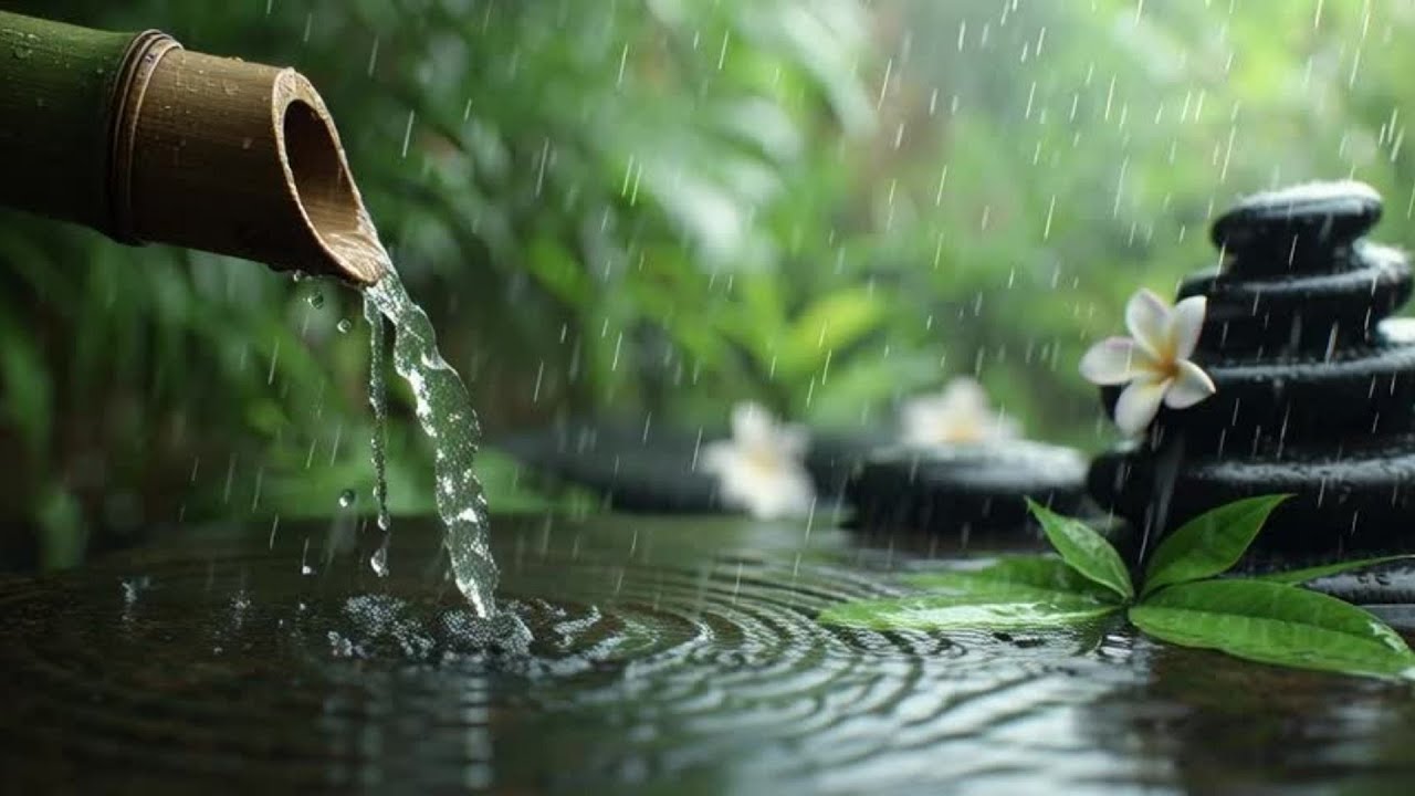Healing Piano Music & Rain Sounds on Bamboo Water Fountain For Focus, Study, Rest & Fall aSleep