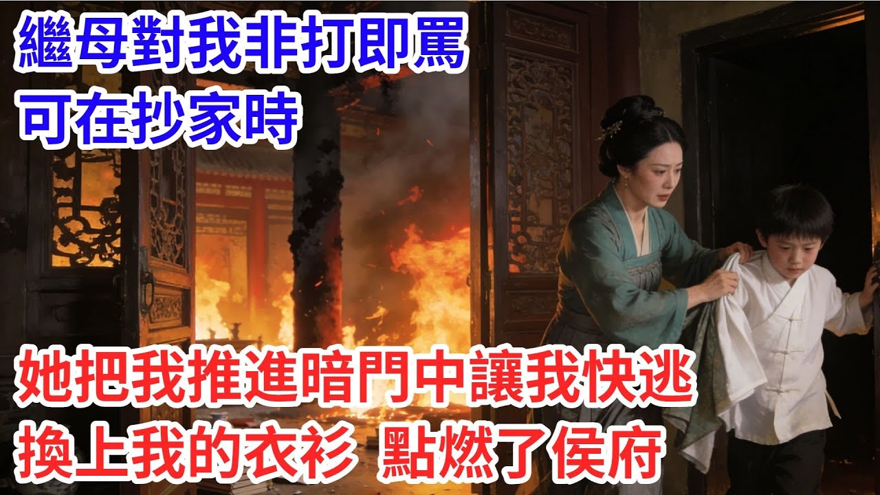 繼母對我非打即罵，可在抄家時，她把我推進暗門中讓我快逃，換上我的衣衫，點燃了侯府#情感#小説#古言#完結文#萌娃