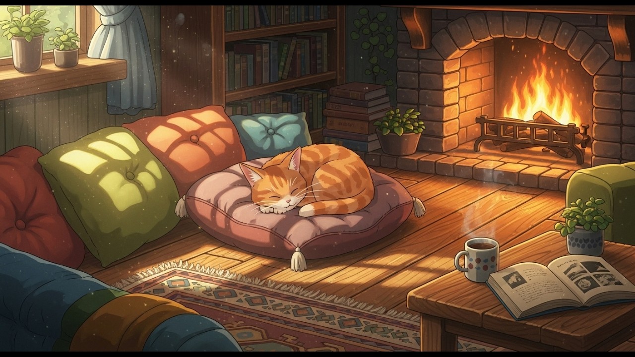 Crackling Fireplace & Gentle Rain 🌧️ Relaxing Lofi Music for Sleep & Study