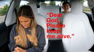 she started praying!! tesla smart summon prank (car drives itself)