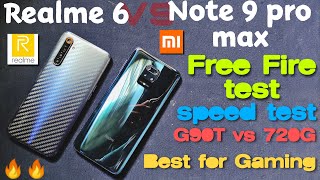 Realme 6 vs Redmi Note 9 pro max Free Fire test & speed test, Helio G90T vs Snpd 720G