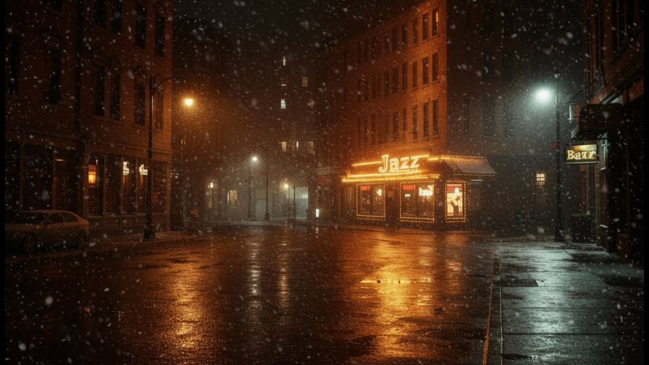 Snowy New York Night Jazz 🌃 Calm Winter Street Ambience with Smooth Jazz