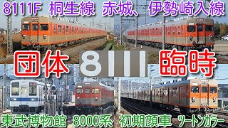 【団体臨時！8111F 赤城・伊勢崎入線 団体臨時運行！上部灯(通過標識灯)点灯なし】東武博物館 8000系 初期顔車 8111F(60歳)ツートンカラー 伊勢崎線・桐生線・野田線 団体臨時運行！