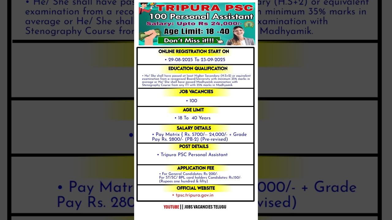 Tripura PSC Personal Assistant Recruitment 2025||Personal Assistant Jobs Notifications|New Jobs|