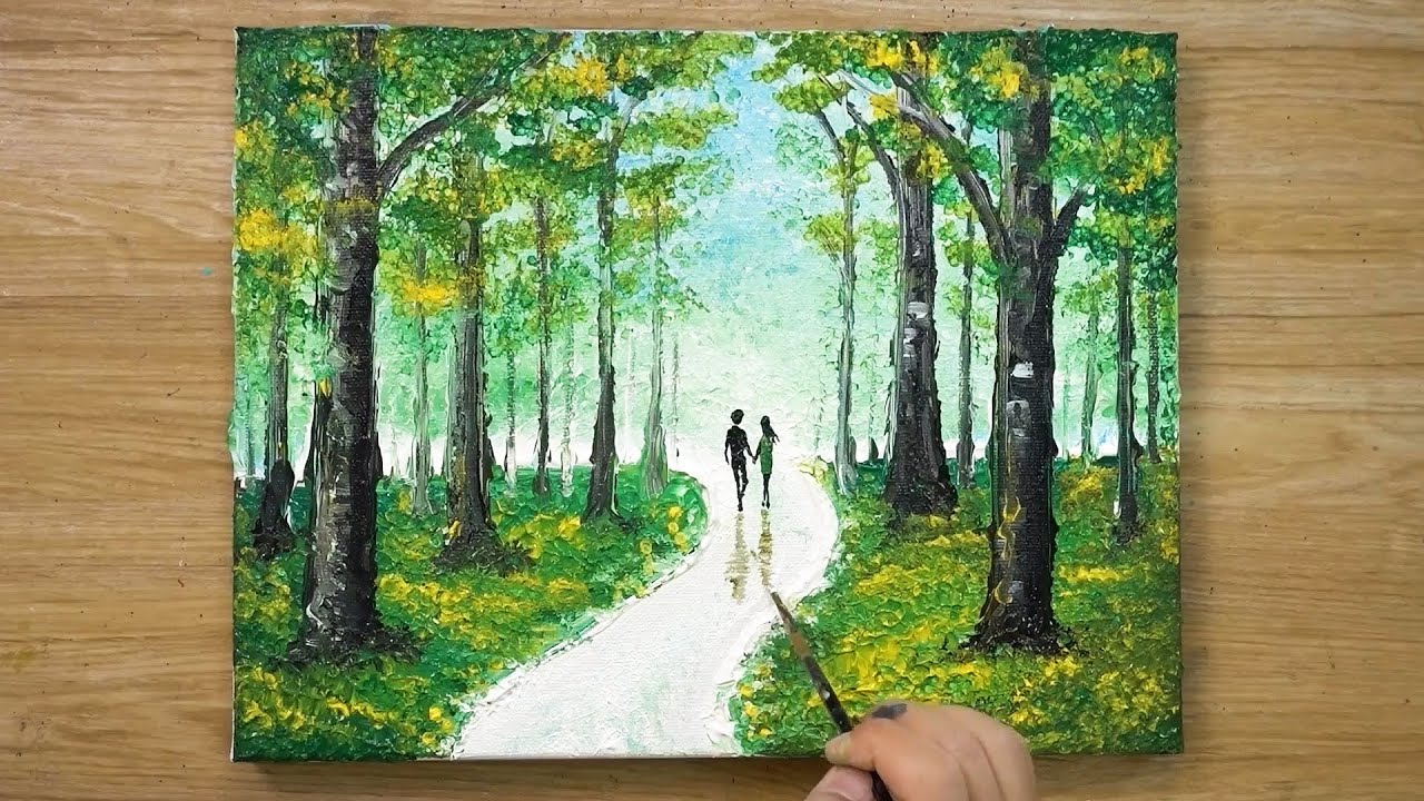 Couple walking in Forest / Cotton Swabs Painting Technique #429