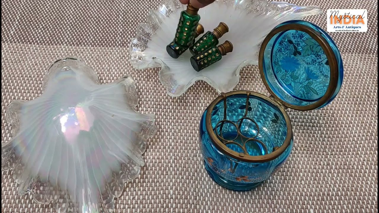 ENAMELED glass box with four glass scent bottles. Antique Meenakari work