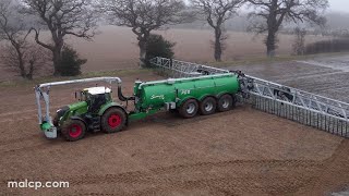 Spreading AD slurry. Samson PG II tanker with 36m boom & a Fendt 939 Vario on a dull day in Blaxhall