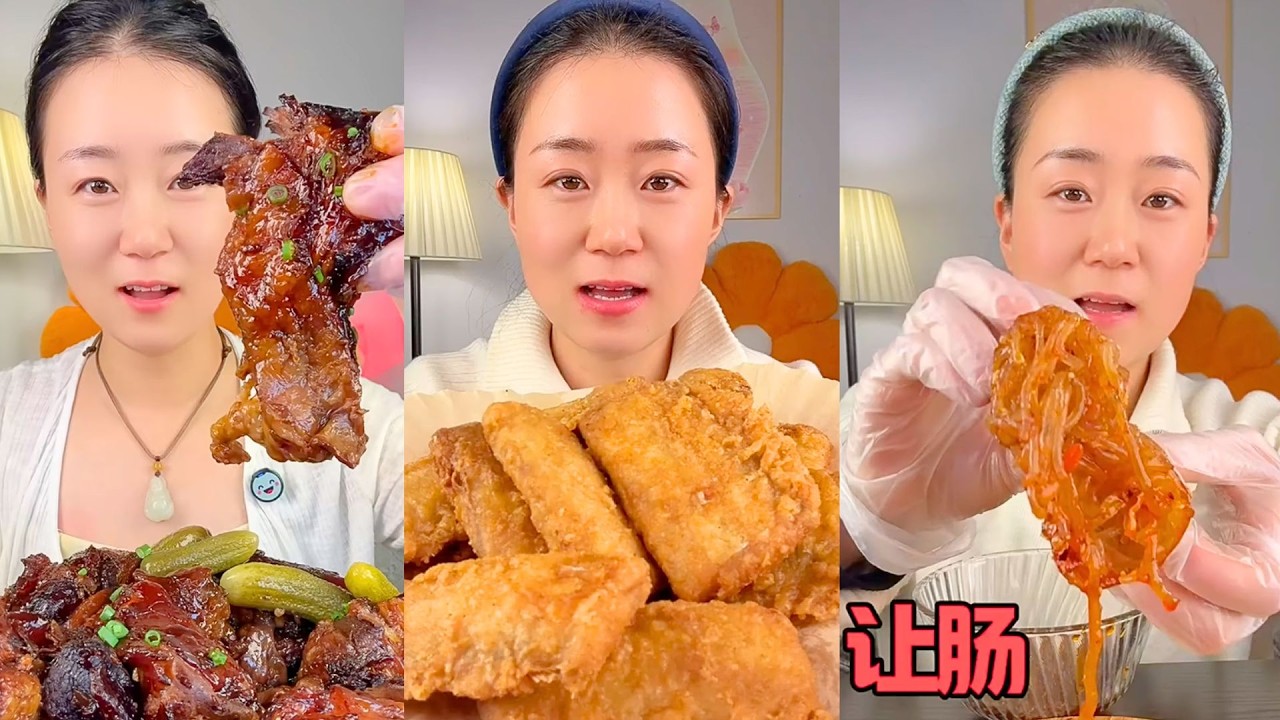 Braised Pork Ribs, Crispy Fried Chicken, and Vermicelli Sausage Mukbang