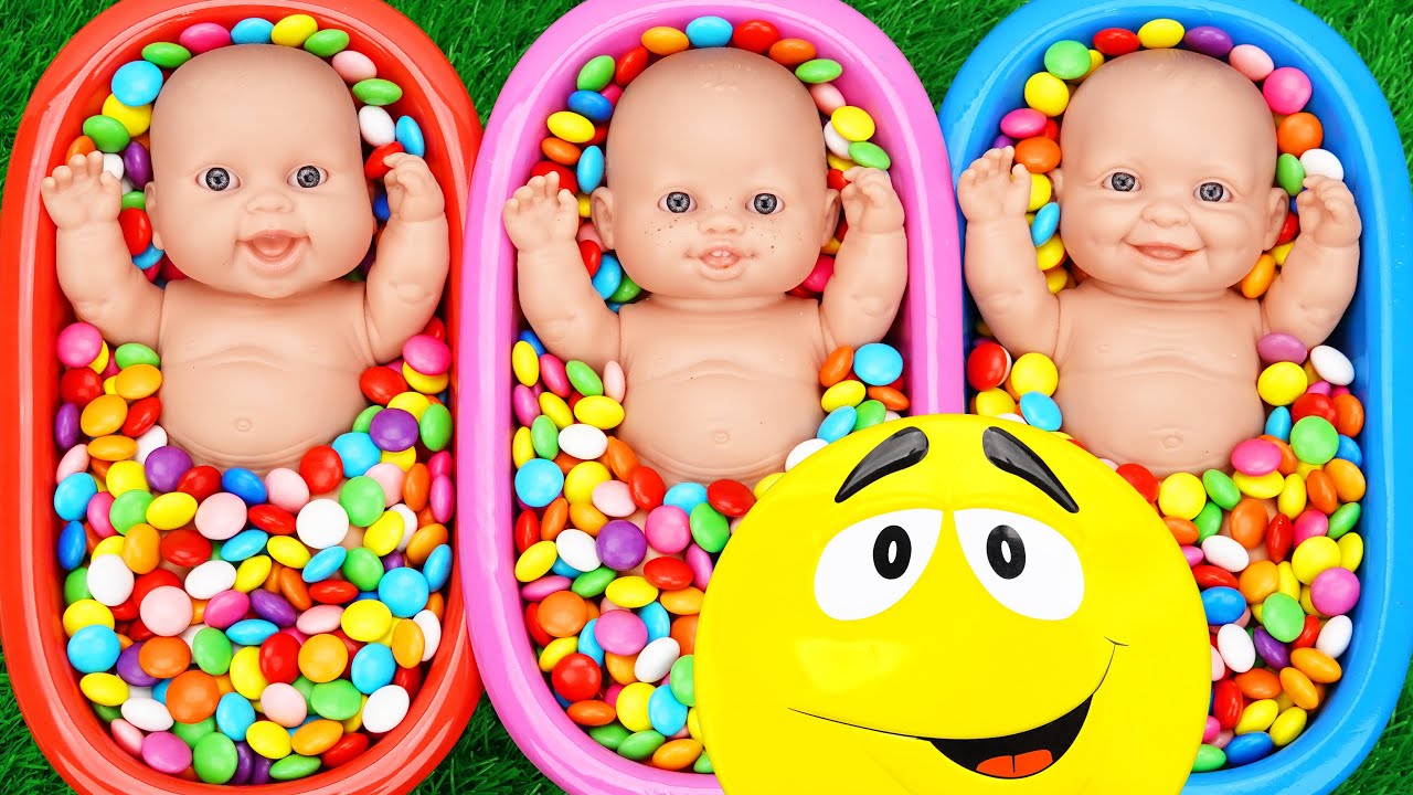 Full of 3 Rainbow BathTubs Candy with M&M's & Magic Slime Cutting Video