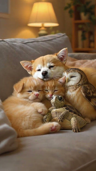 4 Adorable Animals Snuggle Peacefully on a Sofa | Pure Cozy Vibes 🐶🐱🐢🦉