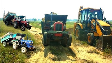 jcb 3dx machine running working load mud in trolley massey and eicher tractor । Jcb Tractor Video