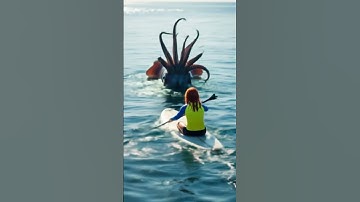 Giant squid confronts board rider #giantsquid #oceanlife #paddleboard #jaws