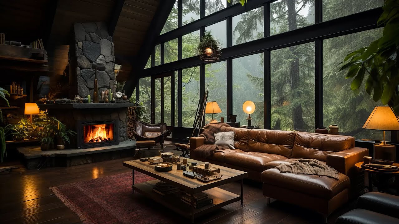 Jazz Relaxing Music Rainy Day at Cozy House Inside Forest with Gentle