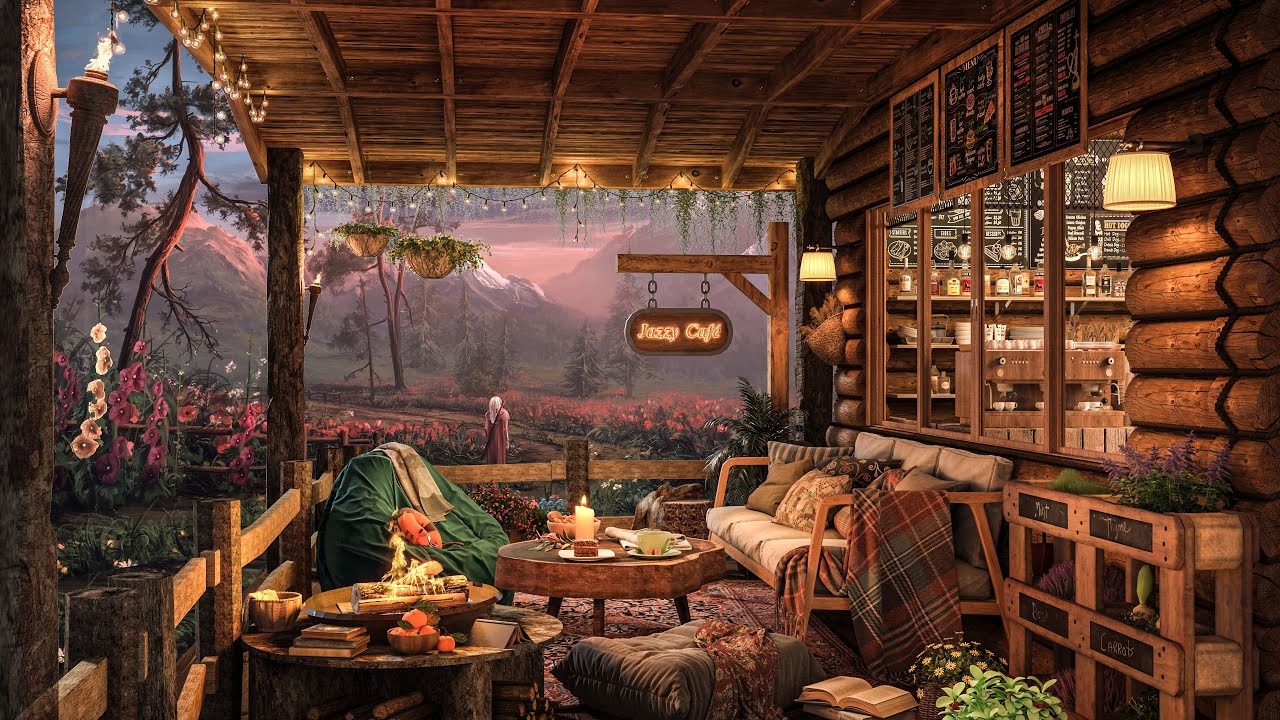 4K Cozy Cabin Coffee Shop Ambience with Jazz Instrumental for Relax