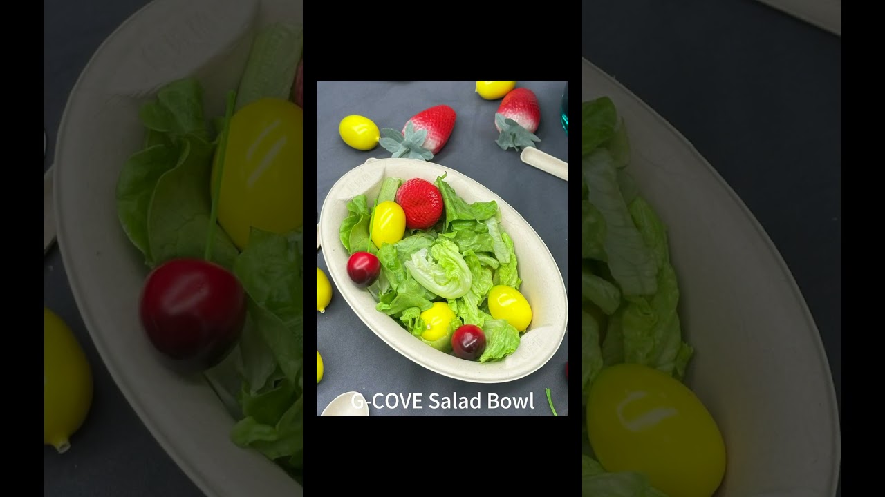 A bowl of colorful salad 🥗 with vegetables and fruits 🍉served in G-COVE's molded pulp salad bowl