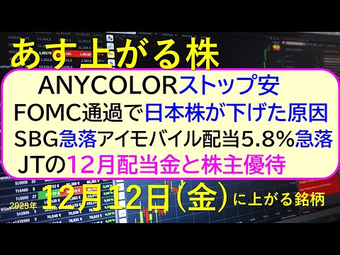あす上がる株　2025年１２月１２日（金）に上がる銘柄。ＡＮＹＣＯＬＯＲストップ安。FOMC通過で日本株の下げ原因。ソフトバンクグループ急落。ＪＴ配当～最新の日本株情報。高配当株の株価やデイトレ情報～