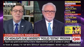 Duke university president vincent price talks with cnn's wolf blitzer
about the university's successful pool testing program during fall
semester. to lea...