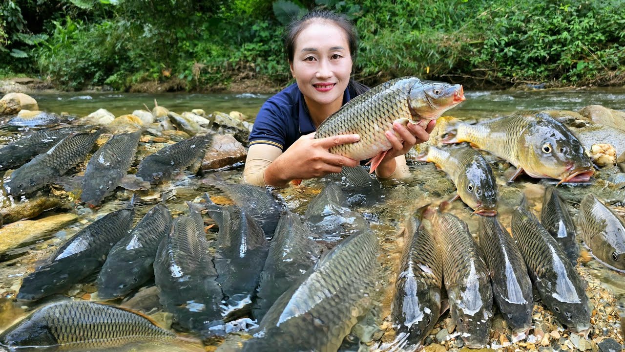 How to catch giant stream fish by hand and bring it to the market to ...