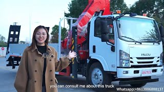Isuzu flatbed crane transporter with 5 ton 4-section knuckle boom crane for wide lifting range