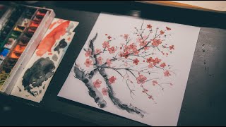 Рисуем дома. Цветение сакуры акварелью в японском стиле