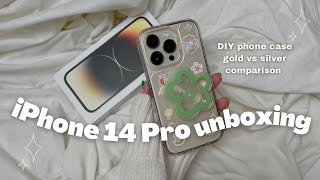 iPhone 14 Pro Gold  aesthetic unboxing + gold vs silver comparison + DIY cute case | myn_life_