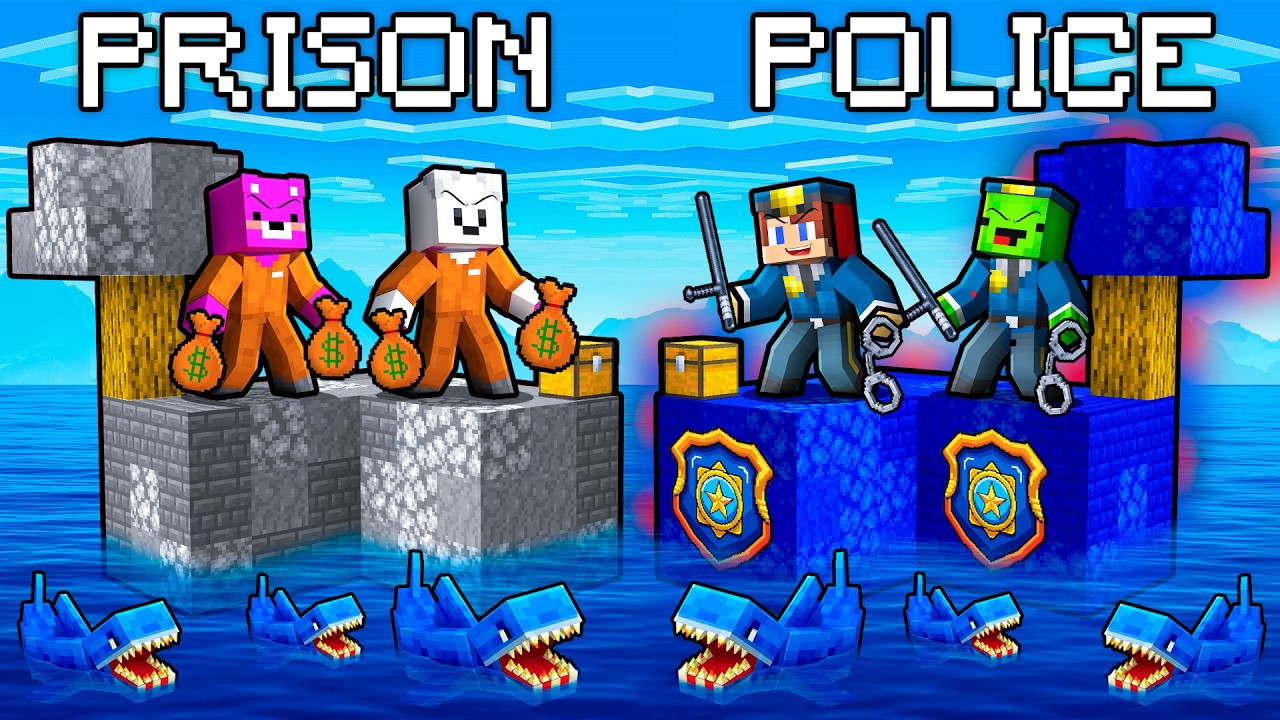 JJ and Mikey vs Carrie and Pinky: POLICE vs PRISON ISLAND BATTLE In Minecraft - Maizen
