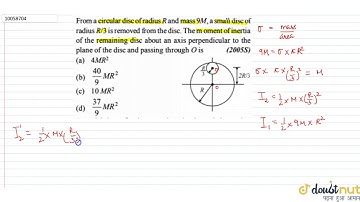 From a circular disc of radius R and mass 9 M , a small disc of radius R/3 is removed from the d...
