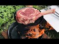 焚き火フライパンでトマホーク ステーキ（Tomahawk steak）骨付きリブアイ　焚き火で分厚いステーキ　コストコ肉