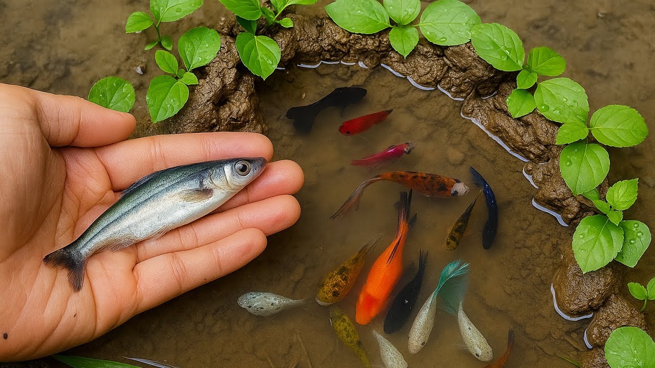 Catch beautiful aquarium fish in small pond baby turtles, eel, koi, pencil fish, nemo fish, tadpole