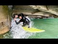 Surfing through sketchy low bridge and heavy shorebreak